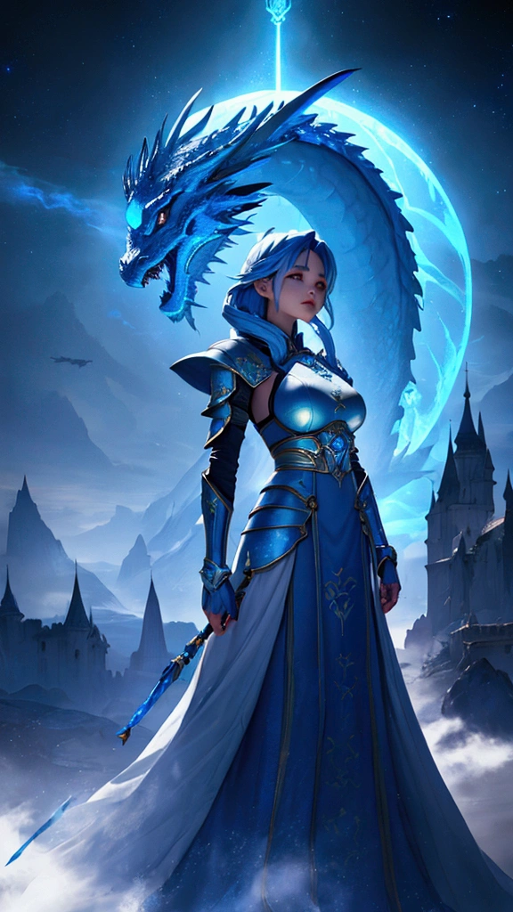 A female warrior with long, mysteriously glowing blue hair、Wearing blue armor with white patterns、Looking up at the castle in the sky。Next to、There&#39;s a big dragon。overall、Mysterious space background