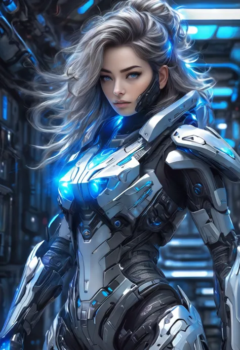 a female police officer wearing exoskeleton cyber armor, the armor fits snugly、he has a plasma gun in his hand., full body view,...