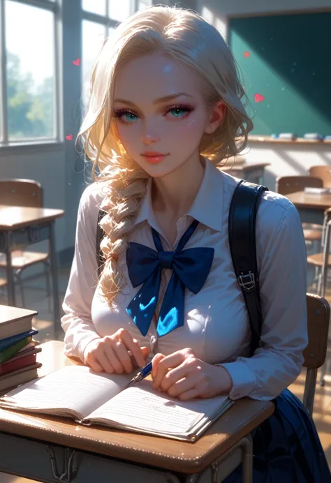 girl one beauty sexy curvy, dressed in school uniform, hair braided, sitting at a desk in the classroom, small details are visib...