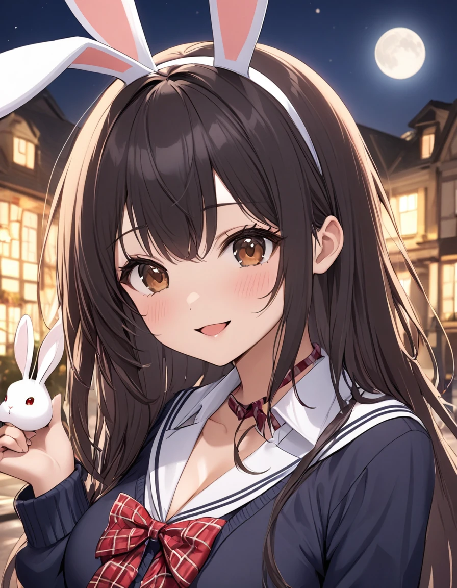 4k, bestquality, detailed, detailed scenery, detailed eyes, 1Girl, cute, adorable, straight hair, long hair, black hair, brown eyes, cleavage, big_laugh, looking at the camera, upper body, background is a full moon, school girl, (fake white rabbit ears:1.4), cute school uniform, dark navy cardigan, long sleeves, white collared shirt, red gingham plaid ribbon on neck