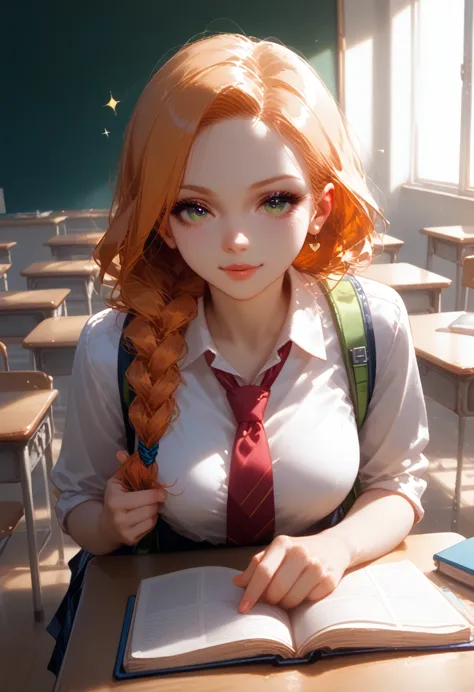 girl one beauty sexy curvy, dressed in school uniform, hair braided, sitting at a desk in the classroom, small details are visib...