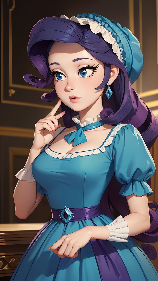 ((masterpiece)), ((Best Quality)), (detailed), perfect, Alone, rarity, beautiful woman, delicious lips, deep neckline, sexy, purple hair, blue eyes, (((regency dress))), ((high empire waist)), ((square neckline)), bonnet, puffy sleeves, (short, (tightly curled hair,)