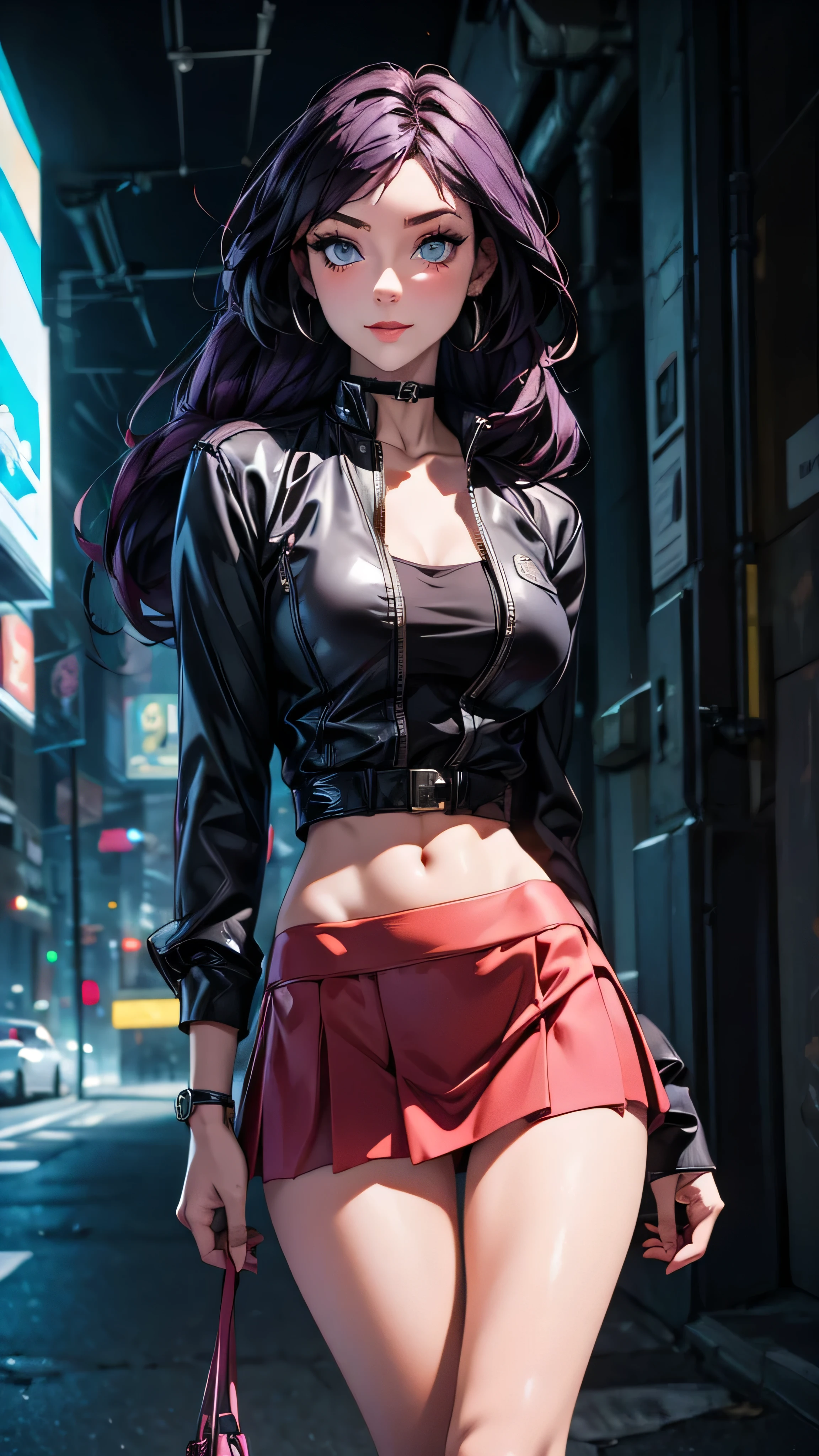 ((masterpiece, best quality)), ((1girl)), (solo), (realistic), (female focus), (skinny), (goth girl), (purple hair, very long hair), futuristic, eyeshadow, mascara, long eyelashes, large blue eyes, looking at viewer, light smile, goth, cyberpunk, sexy, (buttoned shirt), (button gap)), (short skirt)), standing, cyberpunk background, arms behind back, dynamic angle,