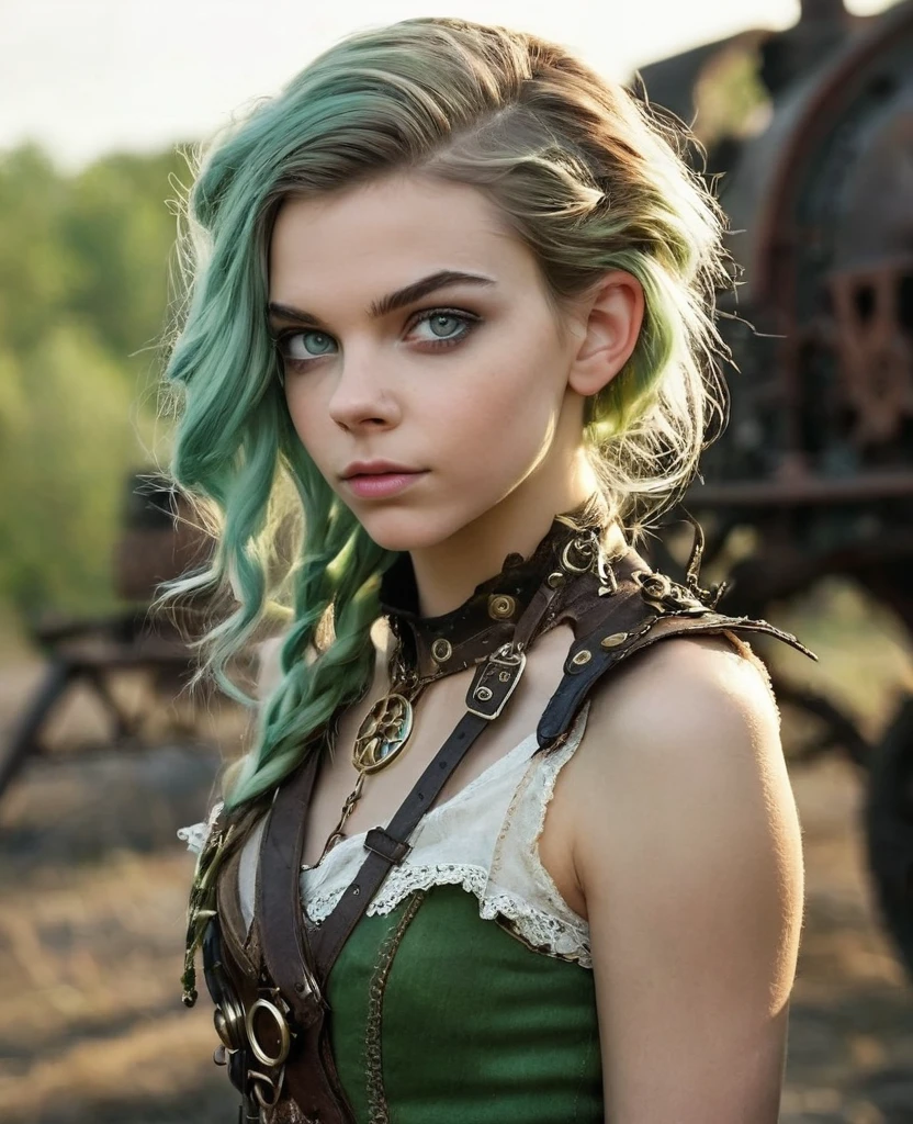 cute elf, (teenage elf  with extremely cute eyes)), (((elf))), ((((high resolution))), (((extremely detailed))), ((masterpiece)), looks like Anya Taylor-Joy/Liv Tyler/Cara Delevingne, dramatic shadows, depth of field, analog photo style, (world in which are collide steampunk and post-apocalyptic vibes), post-apocalyptic cute female in steampunk aesthetic, torn dirty clothes, depth of field, full body shot, unzoomed, (perfect body: 1.4), (sidecut short hairstyle), (stalking is quite common, although not the best way to make a living), stylized atmosphere of unreality, dark atmosphere, dynamic pose, in motion, Armageddon, increase cinematic lighting, highly lifelike skin texture, parted lips, weary eyes, fine eyes, whitened skin, random hair colour, doomsday aura