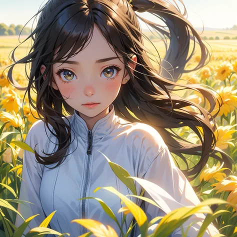 a cute girl with medium-long brown hair being chased by a super-large combine harvester in a corn field。the girl runs crying wit...