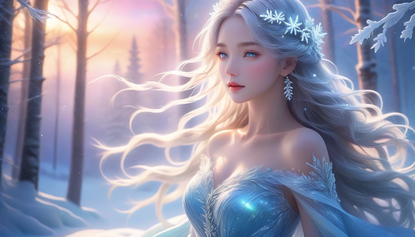 A Masterpiece In 32K Resolution, Supreme Clarity, Hyperreal Detail, Cinematic Artwork, Ultra-High-Resolution 32K Wallpaper, Majestic Lighting, Ethereal Beauty, And Immaculate Precision. The Scene Portrays A Girl Amidst A Serene, Snow-Covered Forest, Soft Flurries Falling Around Her In The Crisp Night Air. She Accentuating Her Full Bosom, With Glistening Jewelry That Dances With Her Every Shift. Her Skin Shimmers Like Frosted Glass, Radiating A Subtle Glow Against The Moonlit Snow. Her Wild, Wind-Swept Silver Hair Cascades Over Her Shoulders, Blending Effortlessly With The Pale, Icy Landscape. Glistening Crystals Of Snow Catch In Her Hair, Reflecting The Cool Light Of A Winter Night. She Is Draped In A Flowing, Ethereal Gown That Glows Softly Under The Majestic Northern Lights, Which Dance Across The Sky. Her Piercing, Ocean-Blue Eyes Stand Out Strikingly Against The Pale Environment, With An Intense, Soulful Gaze That Draws The Viewer In. Her Jewelry, Embellished With Frosted Gems, Glimmers As She Moves Gracefully Through The Snow-Laden Forest. The Cinematic Lighting Highlights The Depth And Immensity Of The Snow-Covered Scene, While Her Mystical Aura Exudes Grace And Elegance. The Hyper-Realistic Detail Captures Her Serene Yet Powerful Presence, Surrounded By The Whispering Silence Of The Winter Landscape, With Each Snowflake Illuminated In The Crisp Air Around Her.