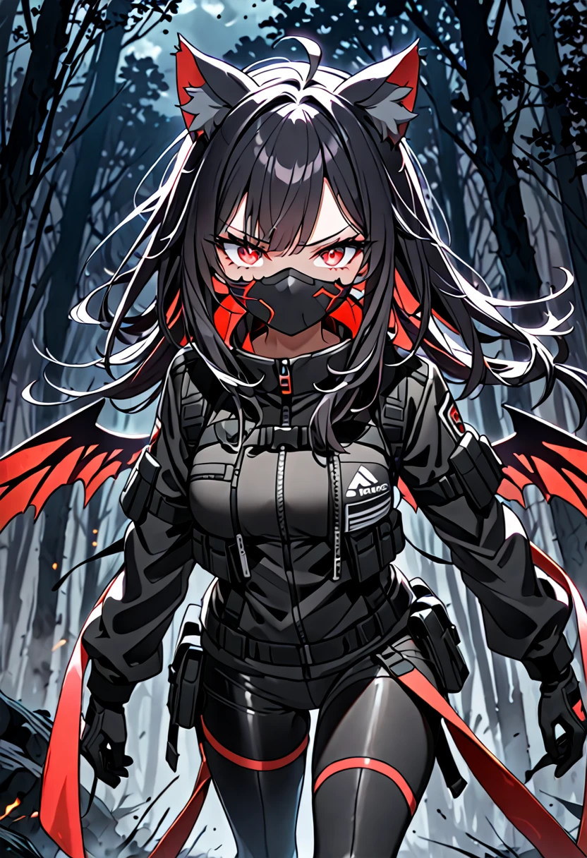 8K Ultra High-Quality, ultra-detailed, High quality, Black hair, Neon Red inner layer hair, glowing Red eyes, Long hair, Cat ears, gloves, Black Tactical clothes, black open jacket, black with red trimmings, black spandex, Cyber wings, smug, close mouth, scar covered face, full body, close up, slow walk, emerging from the smoke, smoky background, night time, burning forest background