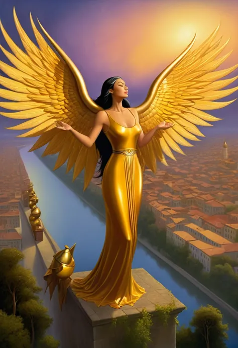 vladimir kush, hearing the drum, archangel of unity, chromavox, shining its light across rooftops and bridges, magical lighting ...