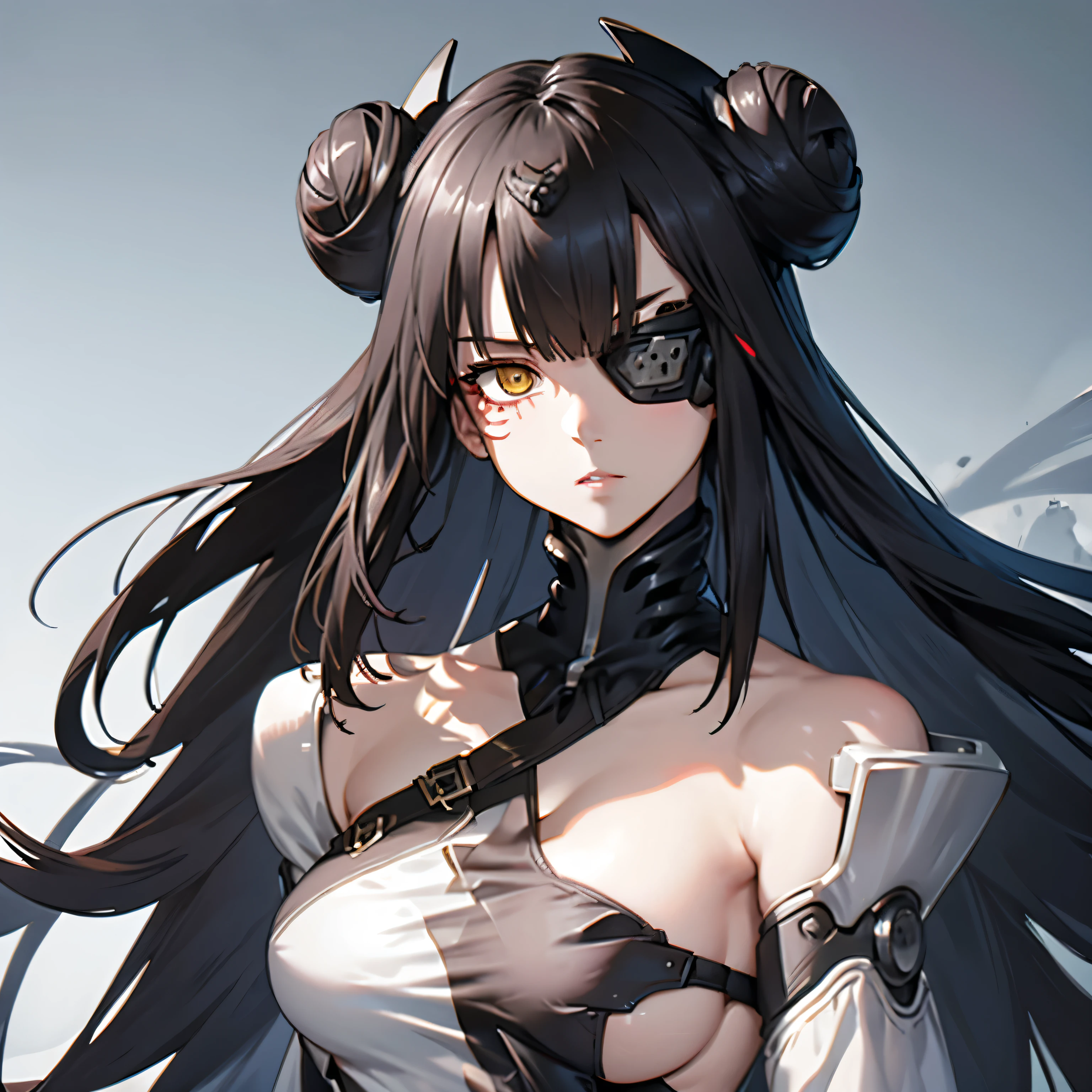 (insanely detailed, beautiful detailed face, masterpiece, best quality), ((masterpiece)),((best quality)),(highres), bokeh, looking at viewer, solo, 1girl, cowboy shot, Nitorization, white dress, mechanical arms, mechanical legs, sideboob, facial mark, eyepatch, ((AgentNormal, double bun)), maid, sangvis ferri, yellow eyes, black hair, (((full body)))