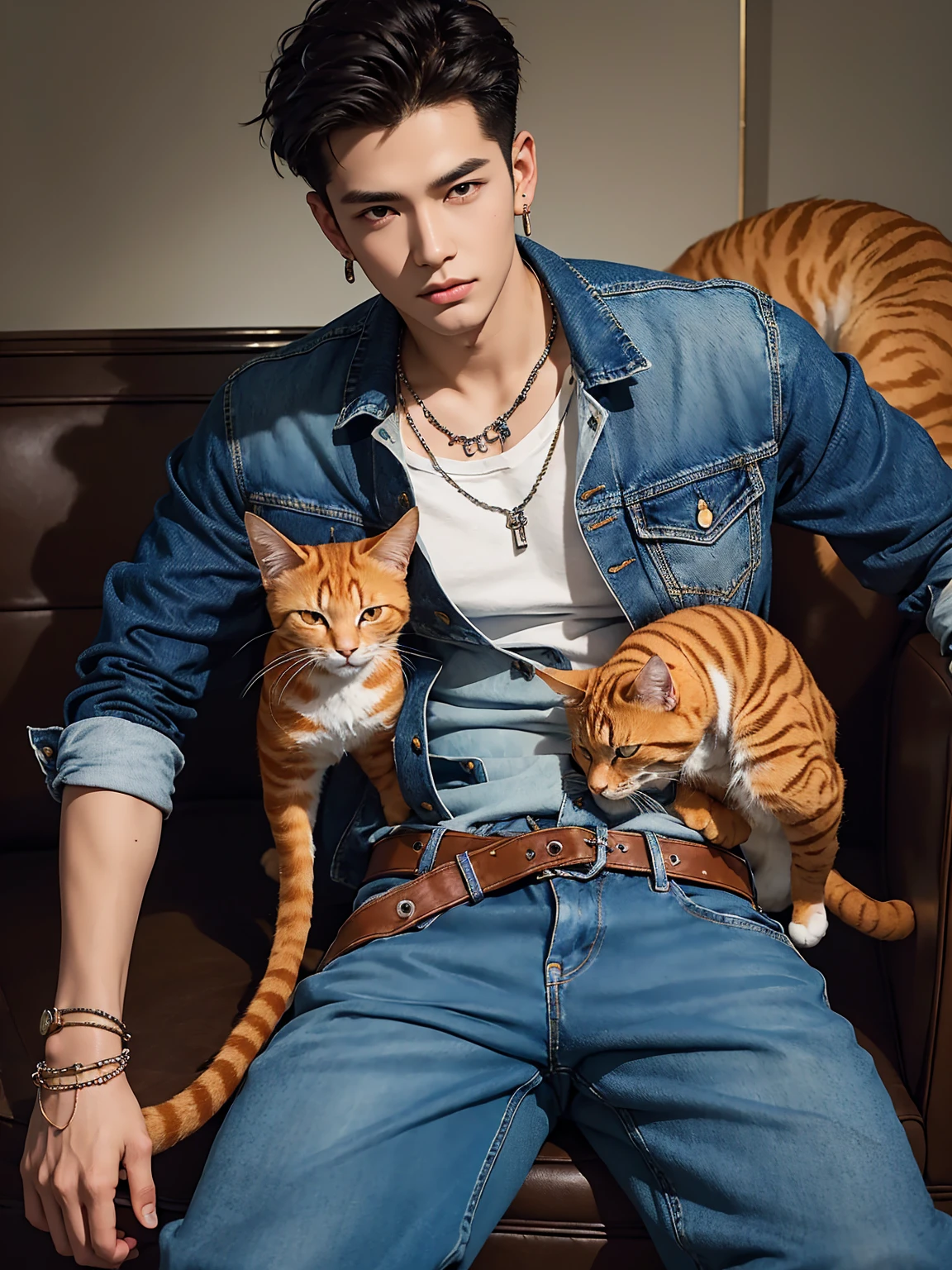 Masterpiece, complicated details, (((handsome young boyอายุ 30 ปี))), rocker denim jacket, Jeans, leather bracelet, wire necklace, big earrings, Araffi and an orange cat sat on a man&#39;s lap., Inspiration from Zhang Han, Inspired by Adam Dario Kiel, Who is Xi Wu?, realistic. Cheng Yi, Inspiration from Yan Juncheng, Handsome face and beautiful face, Inspired by Kim Hwan Ki, Inspiration from Kim Eung Hwan, Yanjun Chengt, Cai Su Kun, Inspired by Zhou Chen&#39;s Masterpiece, complicated details, handsome young boy, rocker denim jacket, Jeans, leather bracelet, wire necklace, big earrings, Posing against the mirror, Black hair, big black eyes, holding an orange cat. มีorange tabby catMasterpiece, complicated details, ((Handsome young boy holding an orange cat)), rocker denim jacket, Jeans, leather bracelet, wire necklace, big earrings, Black hair, big black eyes, orange shirt, holding an orange cat, Araffi and a white cat sitting on a man&#39;s lap., Inspiration from Zhang Han, Inspired by Adam Dario Kiel, Who is Xi Wu?, realistic. Cheng Yi, Inspiration from Yan Juncheng, Handsome face and beautiful face, Inspired by Kim Hwan Ki, Inspiration from Kim Eung Hwan, Yanjun Chengt, Cai Su Kun, Inspired by Zhou Chen&#39;s Masterpiece, complicated details, handsome young boy, rocker denim jacket, Ripped jeans , leather bracelet, wire necklace, big earrings, Black hair, big black eyes, holding an orange cat. ((orange tabby cat))Masterpiece, complicated details, handsome young boy, (((Rocker Tattered Denim Jacket, Ripped jeans))), leather bracelet, wire necklace, big earrings, Long black hair, big black eyes, orange shirt, holding an orange cat, blackground is sunrise on the green meadow，Perfect hand details，Professional Photography，Professional composition