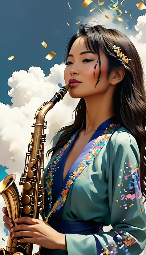 painting of an asian woman with a saxophone and a cloud of confetti, side profile artwork, beautiful artwork, art of alessandro ...