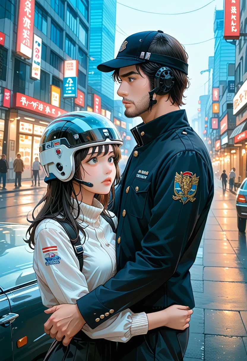 Person&#39;s age、gender、Facial Features: Woman wearing a full face mask: Women in their 20s and 30s、His face is hidden by a full-face helmet。
Sniper: Men in their 30s and 40s、Tall、Sharp features、Wearing a hat。
Facial detailing for full face helmets、The details of the woman&#39;s face are not visible、The bike and the cityscape are reflected in the helmet visor.。
Sniperの男性は険しい眉、Calm eyes、Thin lips are characteristic。A little bit of beard。
The woman&#39;s face is hidden by a helmet.、I feel tension all over my body。
The man has a serious expression、Tracking a target。Wrinkles on the forehead、His gaze is fixed firmly on the woman。
Skin color and texture: Women&#39;s skin is not visible、Her bike and clothes are dark and reflective.。
Men have lightly tanned skin、Has a healthy glow、A little bit of stubble gives it a realistic texture.。
Hair color and style Because the woman is wearing a helmet、Hair is not visible。
The man has black hair、Short and neat。
Clothing and fashion style: The woman is wearing a black leather suit.、fits perfectly to the body。The suit is durable、Movement-friendly design。
The man is wearing a black jacket and hat、Carrying a gun on the shoulder。Combat chic style。
Background and environment: A nighttime urban cityscape unfolds in the background.。A woman fleeing between buildings、Man chasing in car。In the background, the neon lights of highways and buildings flash.。
Lighting Street lights and neon lights on buildings illuminate the scene.、The light sources are the motorcycle headlights and the man&#39;s car headlights.。Deep shadow、Emphasises dramatic effect。
Camera angle and distance The camera captures the woman from a position close to the bike.。The woman&#39;s movements span the entire screen.、Sniperが車で追う姿が背景に小さく映り込む。
Photo texture images are high resolution、Helmet and bike shine、Reflection of car front lights etc.、Realistic depiction of every detail。The wrinkles in women&#39;s leather suits and men&#39;s clothes are also realistically expressed.、The reflection of light is clearly visible。