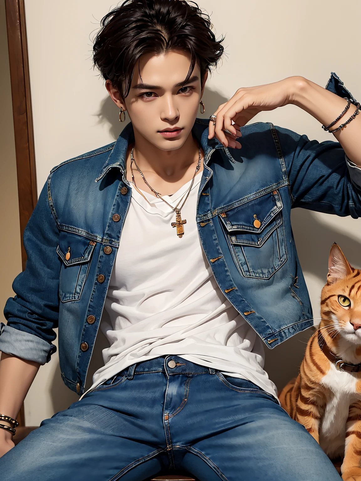 Masterpiece, complicated details, (((handsome young boyอายุ 30 ปี))), rocker denim jacket, Jeans, leather bracelet, wire necklace, big earrings, Araffi and an orange cat sat on a man&#39;s lap., Inspiration from Zhang Han, Inspired by Adam Dario Kiel, Who is Xi Wu?, realistic. Cheng Yi, Inspiration from Yan Juncheng, Handsome face and beautiful face, Inspired by Kim Hwan Ki, Inspiration from Kim Eung Hwan, Yanjun Chengt, Cai Su Kun, Inspired by Zhou Chen&#39;s Masterpiece, complicated details, handsome young boy, rocker denim jacket, Jeans, leather bracelet, wire necklace, big earrings, Posing against the mirror, Black hair, big black eyes, holding an orange cat. มีorange tabby catMasterpiece, complicated details, ((Handsome young boy holding an orange cat)), rocker denim jacket, Jeans, leather bracelet, wire necklace, big earrings, Black hair, big black eyes, orange shirt, holding an orange cat, Araffi and a white cat sitting on a man&#39;s lap., Inspiration from Zhang Han, Inspired by Adam Dario Kiel, Who is Xi Wu?, realistic. Cheng Yi, Inspiration from Yan Juncheng, Handsome face and beautiful face, Inspired by Kim Hwan Ki, Inspiration from Kim Eung Hwan, Yanjun Chengt, Cai Su Kun, Inspired by Zhou Chen&#39;s Masterpiece, complicated details, handsome young boy, rocker denim jacket, Ripped jeans , leather bracelet, wire necklace, big earrings, Black hair, big black eyes, holding an orange cat. ((orange tabby cat))Masterpiece, complicated details, handsome young boy, (((Rocker Tattered Denim Jacket, Ripped jeans))), leather bracelet, wire necklace, big earrings, Long black hair, big black eyes, orange shirt, holding an orange cat, blackground is sunrise on the green meadow，Perfect hand details，Professional Photography，Professional composition