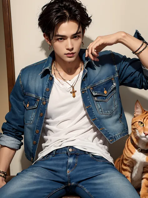 masterpiece, complicated details, (((handsome young boyอายุ 30 ปี))), rocker denim jacket, jeans, leather bracelet, wire necklac...