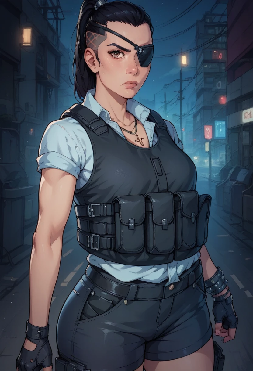 score_9,score_8_up,score_7_up, Regina,brown eyes,black eyepatch on right eye,black hair,ponytail,undercut, small breasts, fit toned body, wide curvy hips, big ass, shirt,vest,cross necklace, fingerless gloves,black shorts, open zipper, holsters, waist belt with pouches, night,police office,science fiction,standing, serious expression, looking at viewer,solo, 