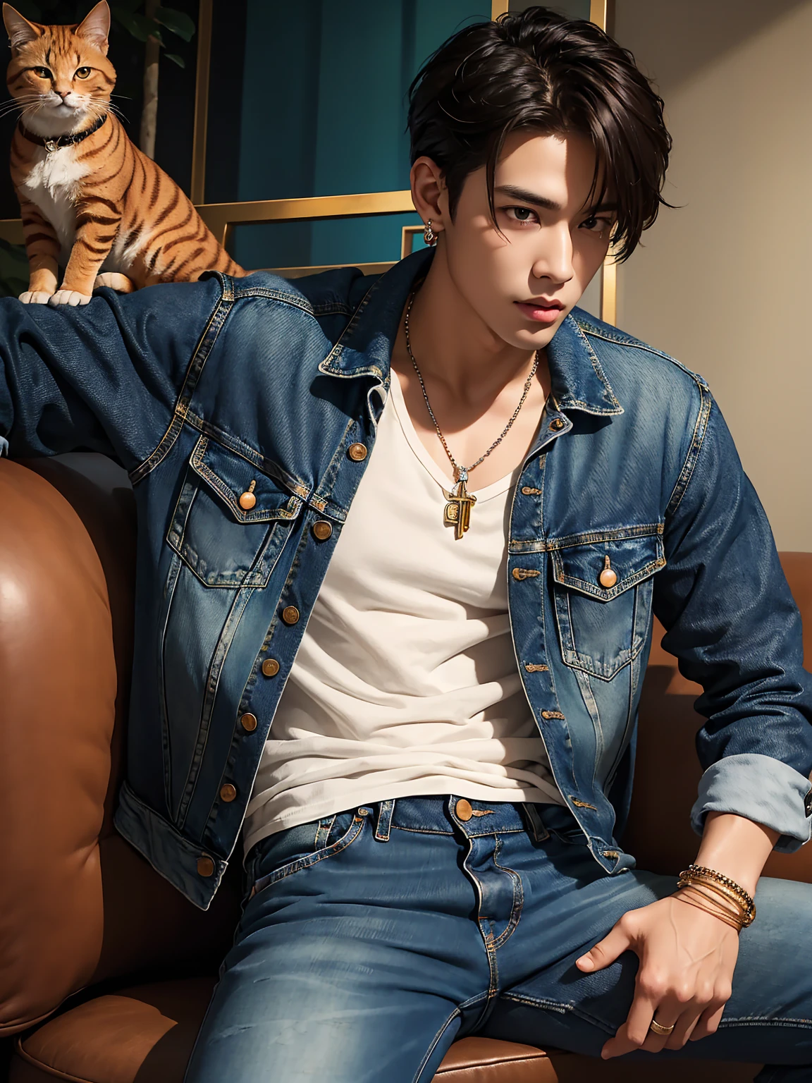 Masterpiece, complicated details, (((handsome young boyอายุ 30 ปี))), rocker denim jacket, Jeans, leather bracelet, wire necklace, big earrings, Araffi and an orange cat sat on a man&#39;s lap., Inspiration from Zhang Han, Inspired by Adam Dario Kiel, Who is Xi Wu?, realistic. Cheng Yi, Inspiration from Yan Juncheng, Handsome face and beautiful face, Inspired by Kim Hwan Ki, Inspiration from Kim Eung Hwan, Yanjun Chengt, Cai Su Kun, Inspired by Zhou Chen&#39;s Masterpiece, complicated details, handsome young boy, rocker denim jacket, Jeans, leather bracelet, wire necklace, big earrings, Posing against the mirror, Black hair, big black eyes, holding an orange cat. มีorange tabby catMasterpiece, complicated details, ((Handsome young boy holding an orange cat)), rocker denim jacket, Jeans, leather bracelet, wire necklace, big earrings, Black hair, big black eyes, orange shirt, holding an orange cat, Araffi and a white cat sitting on a man&#39;s lap., Inspiration from Zhang Han, Inspired by Adam Dario Kiel, Who is Xi Wu?, realistic. Cheng Yi, Inspiration from Yan Juncheng, Handsome face and beautiful face, Inspired by Kim Hwan Ki, Inspiration from Kim Eung Hwan, Yanjun Chengt, Cai Su Kun, Inspired by Zhou Chen&#39;s Masterpiece, complicated details, handsome young boy, rocker denim jacket, Ripped jeans , leather bracelet, wire necklace, big earrings, Black hair, big black eyes, holding an orange cat. ((orange tabby cat))Masterpiece, complicated details, handsome young boy, (((Rocker Tattered Denim Jacket, Ripped jeans))), leather bracelet, wire necklace, big earrings, Long black hair, big black eyes, orange shirt, holding an orange cat, blackground is sunrise on the green meadow，Perfect hand details，Professional Photography，Professional composition