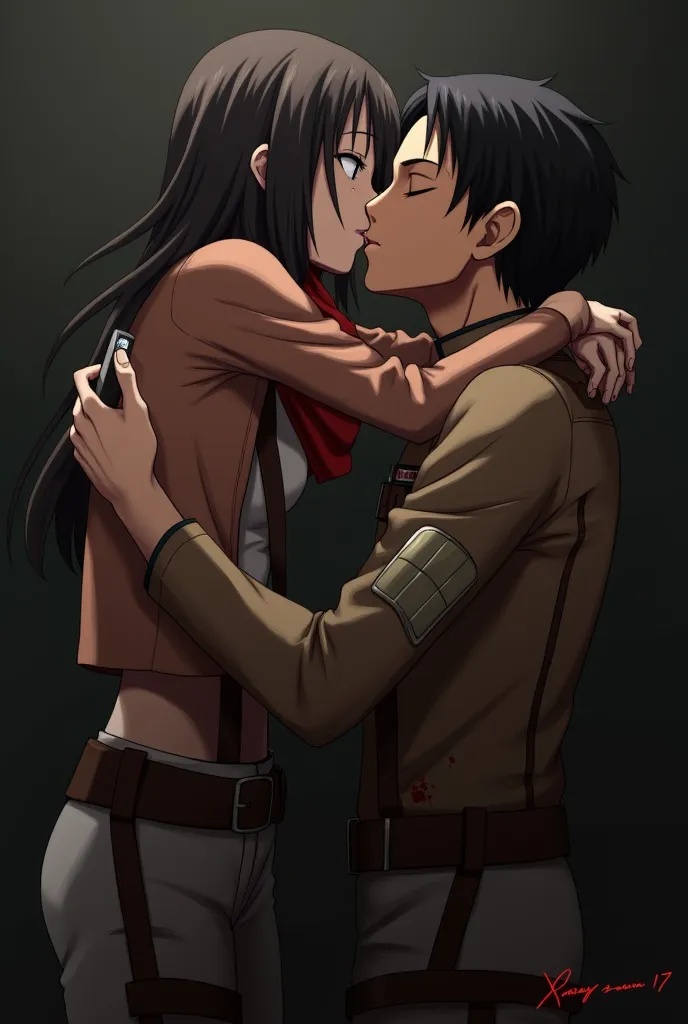 Mikasa Ackerman wearing a red muffler from Attack on Titan and Corporal Levi covered in blood and wearing a mobile device are kissing.