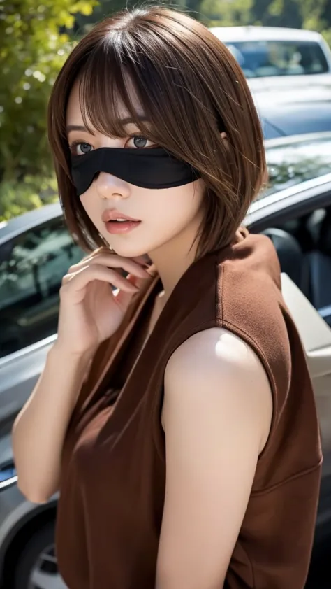 car , nsfw , brown hair　, short hair , blindfold