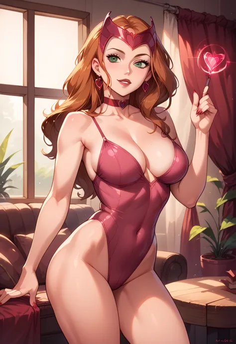 rating_safe, source_cartoon,  beautiful kim possible (orange-red hair:1.1), sexy smirk, wearing (scarlet witch leotard:1.4), cho...