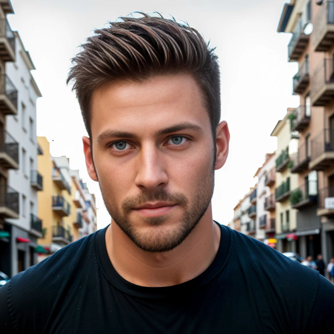 1man, A close medium shot of a charismatic male fitness model, 30 years old，small beard, Sexy and charming expression，gloomy eyes，Blue eyes, captured seen from side, looking away and smiling slightly, in a Barcelona street at night, wearing black long-sleeved shirt, night city lighting, cinematic and moody, (best quality,4k,8k,highres,masterpiece:1.2),ultra-detailed,(realistic,photorealistic,photo-realistic:1.37),HDR,studio lighting,professional,vivid colors,dramatic lighting