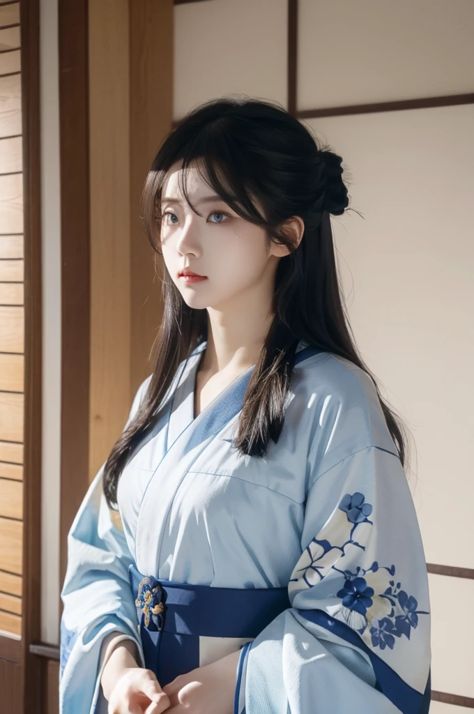 the character wears a traditional kimono, 1girl, solo, night, long hair, blue eyes, looking at viewer, japanese clothes, (white mask)