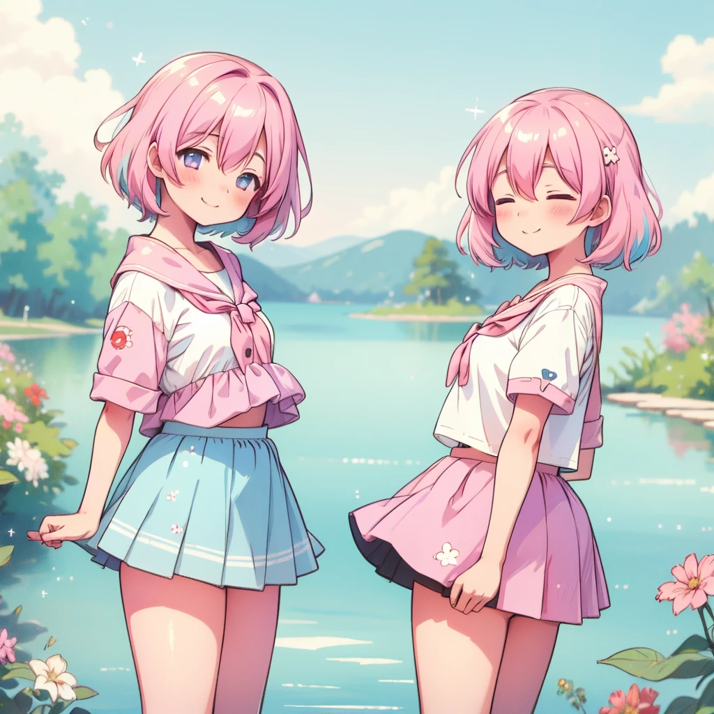 absurderes, hight resolution, (Anime style:1.1), ((masutepiece)), ((Best Quality)), (Ultra-detailed), (Beautiful), solo, Beautiful face、(liftup),Cute  tiptoe on the surface of beautiful lake deep in forest,Wind,Pink colorful hair, Colorful eyes,Cute summer casual clothes,Blue sky,Closed eyes,Looking at Viewer,Lens Flare,Dramatic, Coastal、(lifted skirt:1.3)、A smile