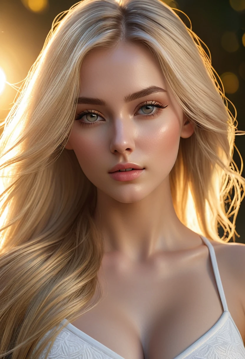 Very beautiful young woman, Subtle makeup, Golden Hour, Realistic, High contrast, 8K HD, detailed, hyper-detailed, Realistic skin texture with visible pores, Long blonde hair, Big and soft breasts, Best Quality, Ultra-high resolution, RAW Photos, Dramatic lighting, Unreal Engine, Diffused glow complex silver airbag, White Emperor&#39;s Cape, spear, sword, Rudderless, Hair jewelry included