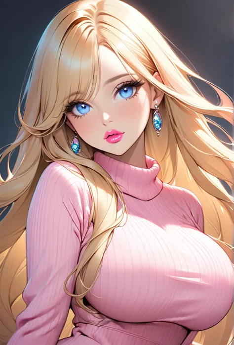 woman, with very long blond  hair with light blue eyes, she is wearing a pink sweater dress, has big boobs, she has pretty pink ...