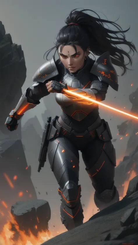 warrior woman, futuristic armor, round shield in one hand, weapon in the other hand. dark grey hair ponytail, distinct red face ...