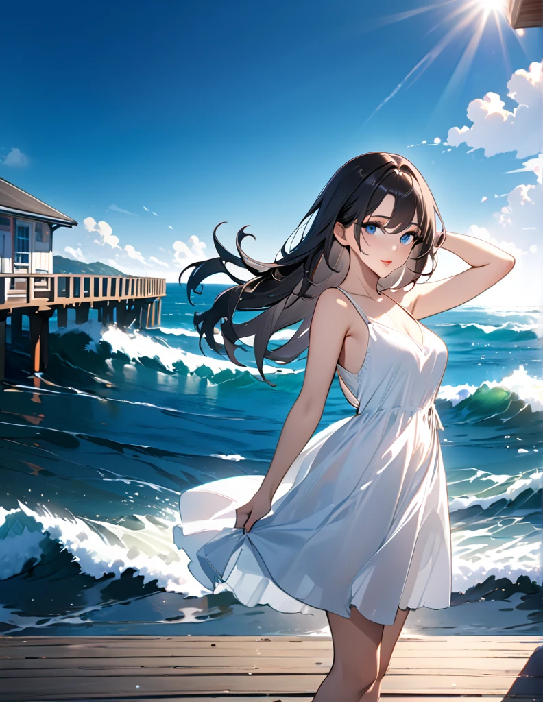 (masterpiece, best quality:1.2), illustration, anime, (wide shot), model shoot, 1girl, (armpits hair), long dark hair, blue ocean eyes, pretty lips, beautiful faces, beautiful eyes, white sundress, back lighting, standing on pier, (ocean, glittering water surface), waves, scenery summer pier background, vibrant color, bright sunlight, 8K, ultra HD
