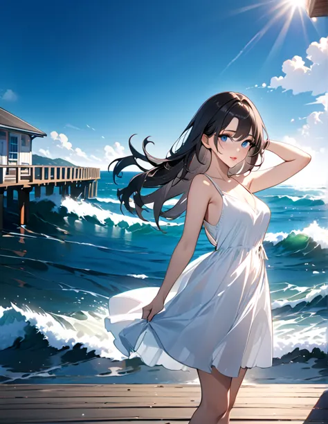 (masterpiece, best quality:1.2), illustration, anime, (wide shot), model shoot, 1girl, (armpits hair), long dark hair, blue ocea...