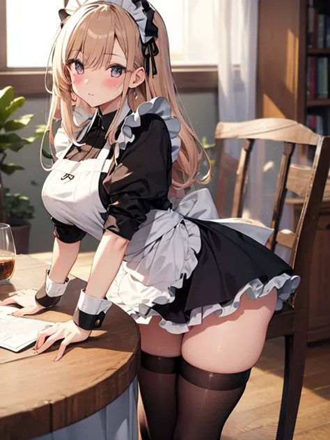 table top, highest quality, airiv 4, 1 girl, alone, blush, thighs thighs thighs, black stockings, apron, zettai ryouiki, maid, m...