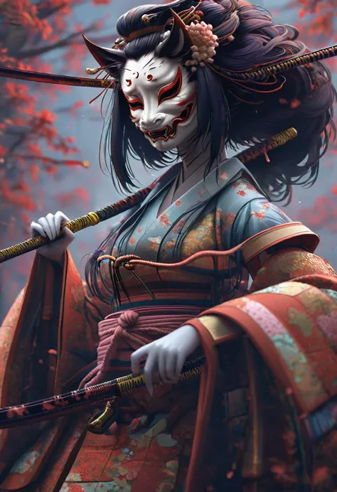 wounded geisha wearing half japanese demon mask holding a katana