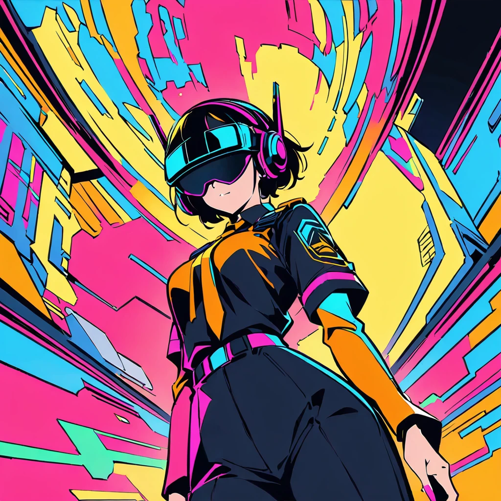 (high quality, 8K, 4k, high contrast, masterpiece:1.2, 最high quality, The best aesthetics), (Dynamic angle), ((1 female)), ((ciberpunk)), ((flat color)), ((colorful art)), upper body, Color background, high contrast, contrasting colors, cowboy shot,anime strains. Female TIE Fighter Pilot from Star Wars, using virtual reality headset, hack a computer. cyberpunk 2077 cityscape, art of j.c. leyendecker, anime style, key image, vibrant, studio anime, Very detailed