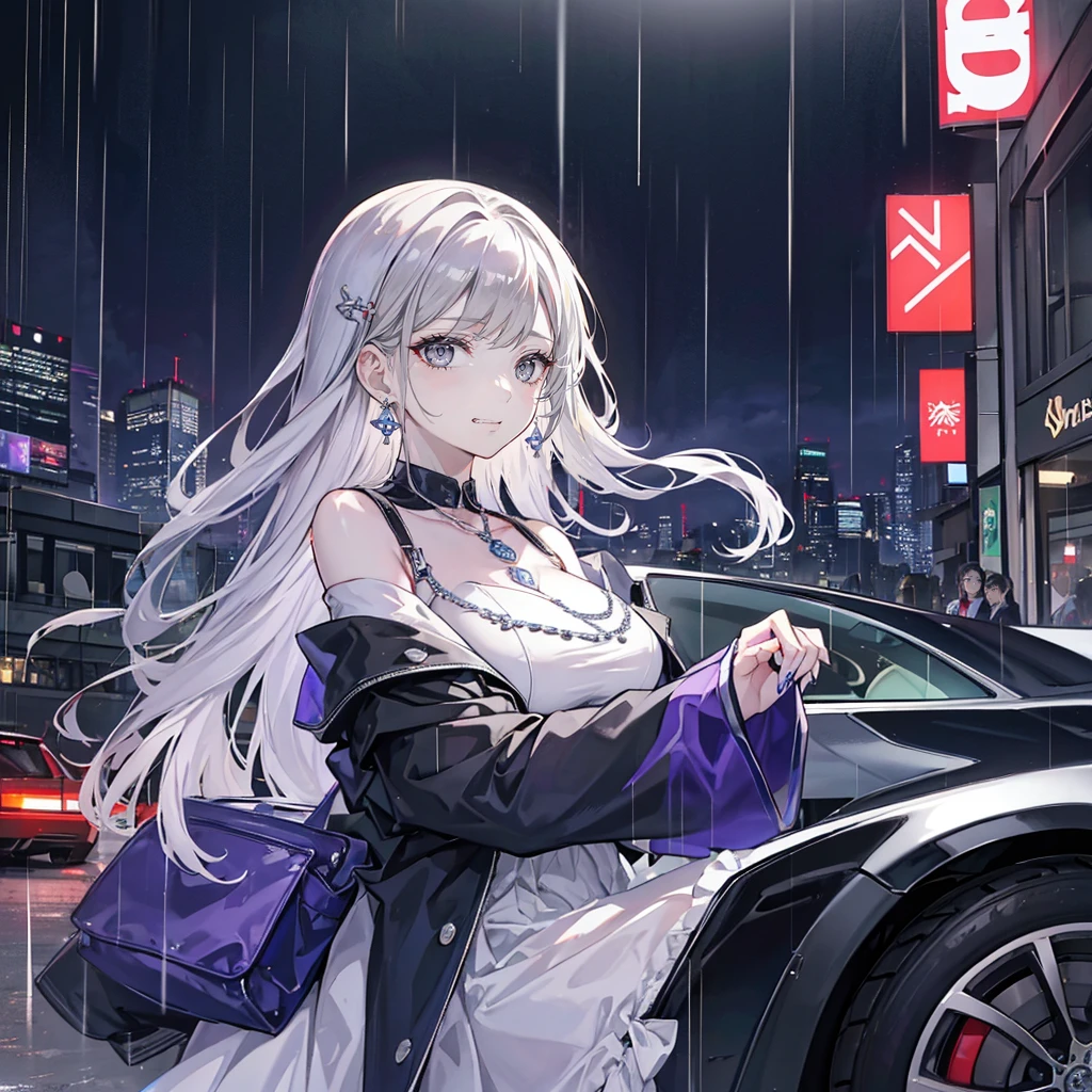 Quartz. Louis (Luxury wheels) (Azur Lane), Hair accessories, portrait, Silver dress, Revealing clothes, necklace, Blue nails, Cityscape, night, rain, Wet, (maQuartzerpiece:1.4),(beQuartz quality:1.4),realiQuartzic,Fashion Girl,cosmetic,Red lips,Looking at the audience, Solitary,earrings,8K,beQuartz quality, maQuartzerpiece, Purple Eyes,Beautiful light,A supercar in the background,