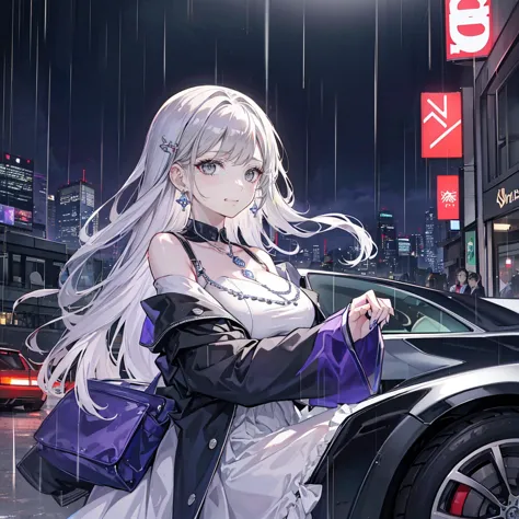 quartz. louis (luxury wheels) (azur lane), hair accessories, portrait, silver dress, revealing clothes, necklace, blue nails, ci...