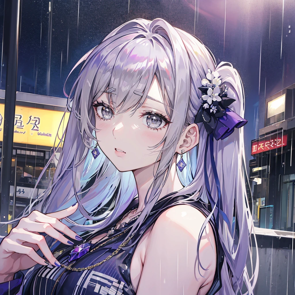 Quartz. Louis (Luxury wheels) (Azur Lane), Hair accessories, portrait, Silver dress, Revealing clothes, necklace, Blue nails, Cityscape, night, rain, Wet, (maQuartzerpiece:1.4),(beQuartz quality:1.4),realiQuartzic,Fashion Girl,cosmetic,Red lips,Looking at the audience, Solitary,earrings,8K,beQuartz quality, maQuartzerpiece, Purple Eyes,Beautiful light,A supercar in the background,