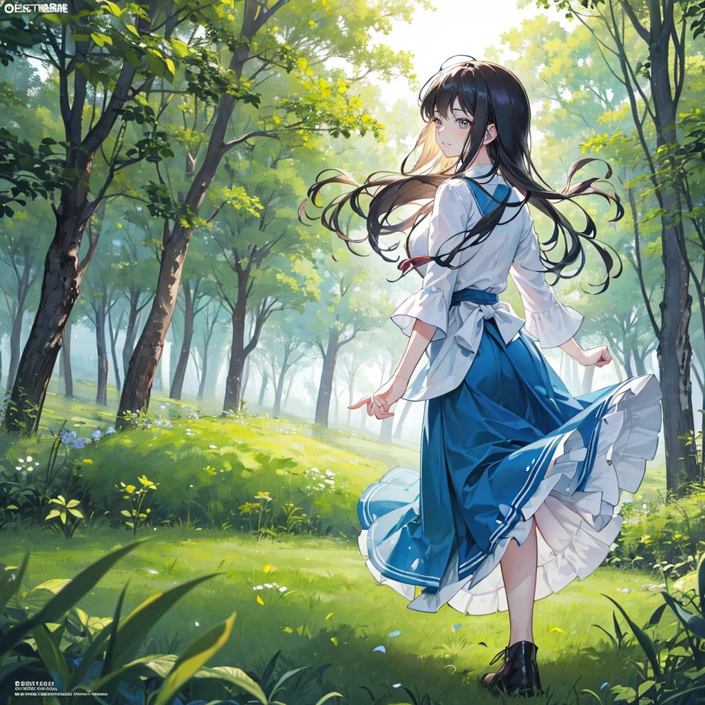 high resolution, (Official Art, Beautiful and aesthetic: 1.2), A closer look, The Wide World, girl, running, Refreshing smile, Long skirt, Distant Horizon, The Forest, Natural Beauty, inspiration, Lighting Effects  