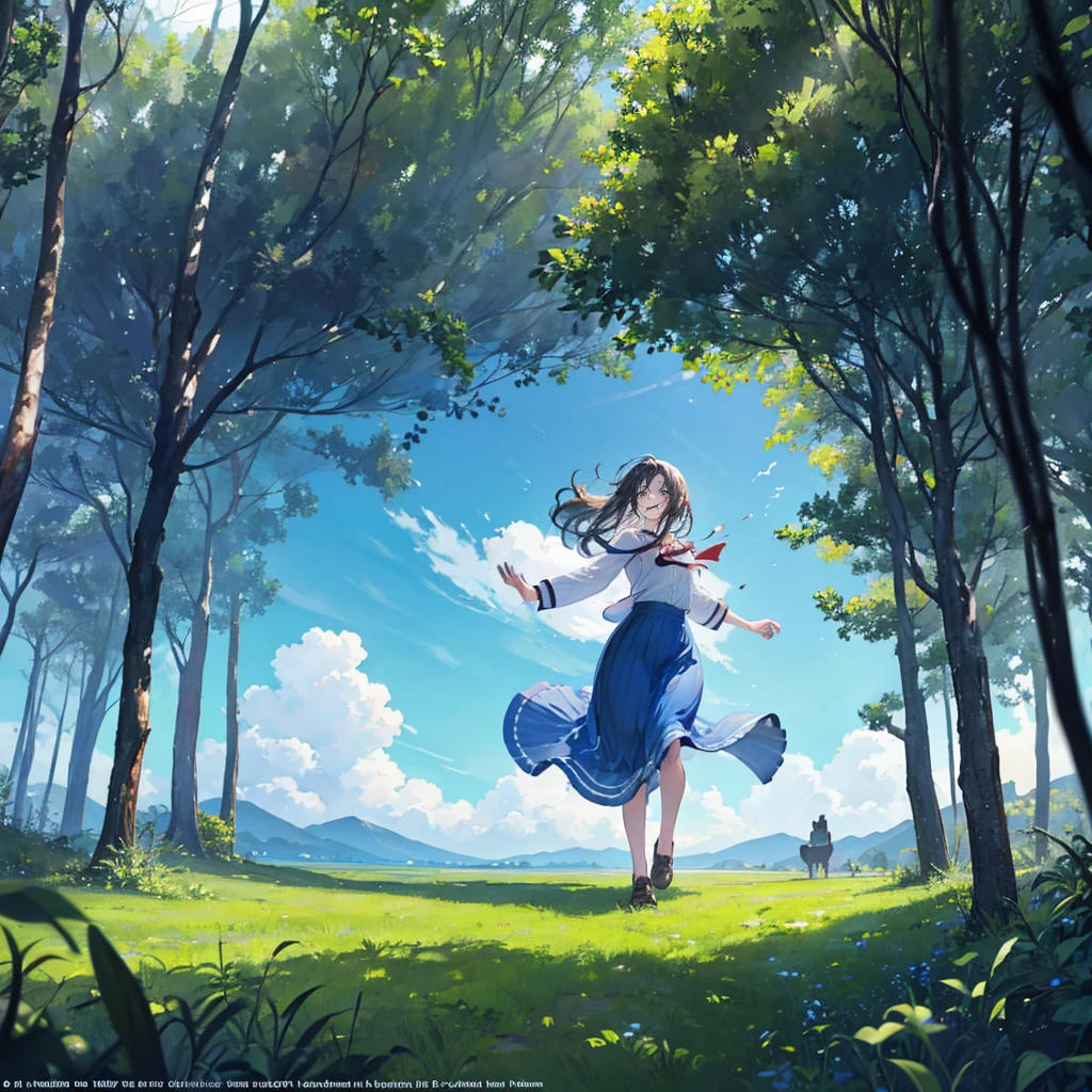 high resolution, (Official Art, Beautiful and aesthetic: 1.2), A closer look, The Wide World, girl, running, Refreshing smile, Long skirt, Distant Horizon, The Forest, Natural Beauty, inspiration, Lighting Effects  