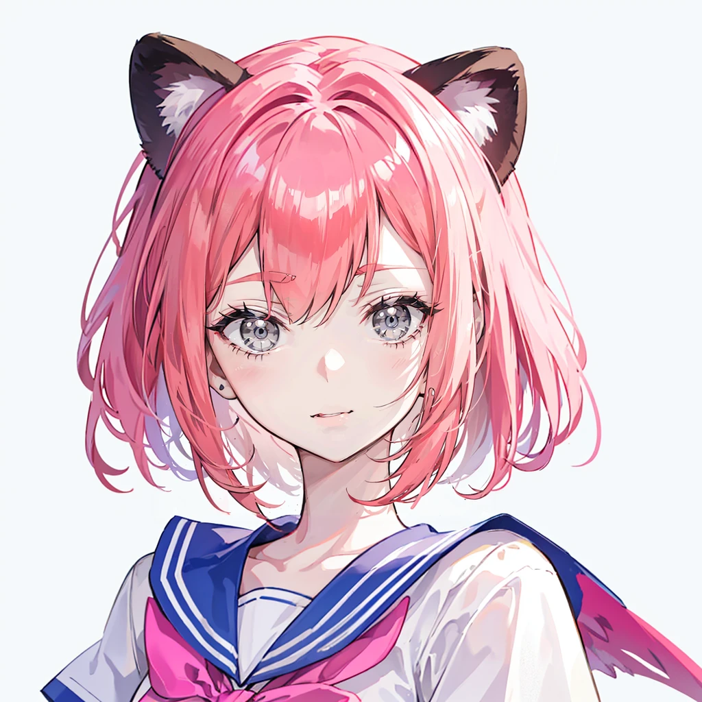 Ski style, 1 Girl, Solitary, Pink Hair, Animal ears, Blue Eyes, wing, Looking at the audience, mole, Bangs, Short hair, bow, Sailor collar, Simple background, white Sailor collar, mole under mouth, hair bow, pink bow, Shut up, shirt, white shirt, Bear ears, Bob, mini wing, Gray background, portrait, detached wing, cosmetic, Upper body, White background