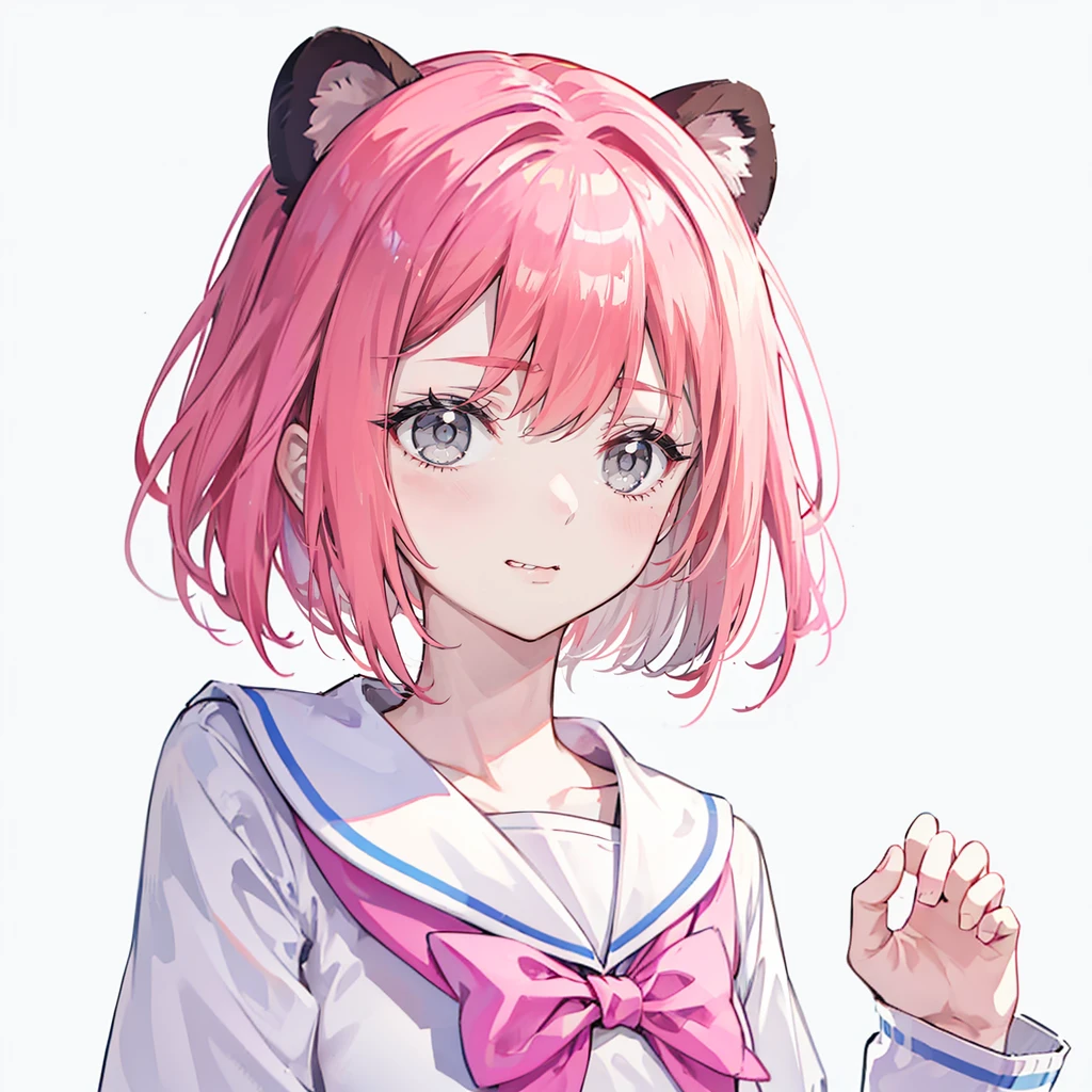 Ski style, 1 Girl, Solitary, Pink Hair, Animal ears, Blue Eyes, wing, Looking at the audience, mole, Bangs, Short hair, bow, Sailor collar, Simple background, white Sailor collar, mole under mouth, hair bow, pink bow, Shut up, shirt, white shirt, Bear ears, Bob, mini wing, Gray background, portrait, detached wing, cosmetic, Upper body, White background