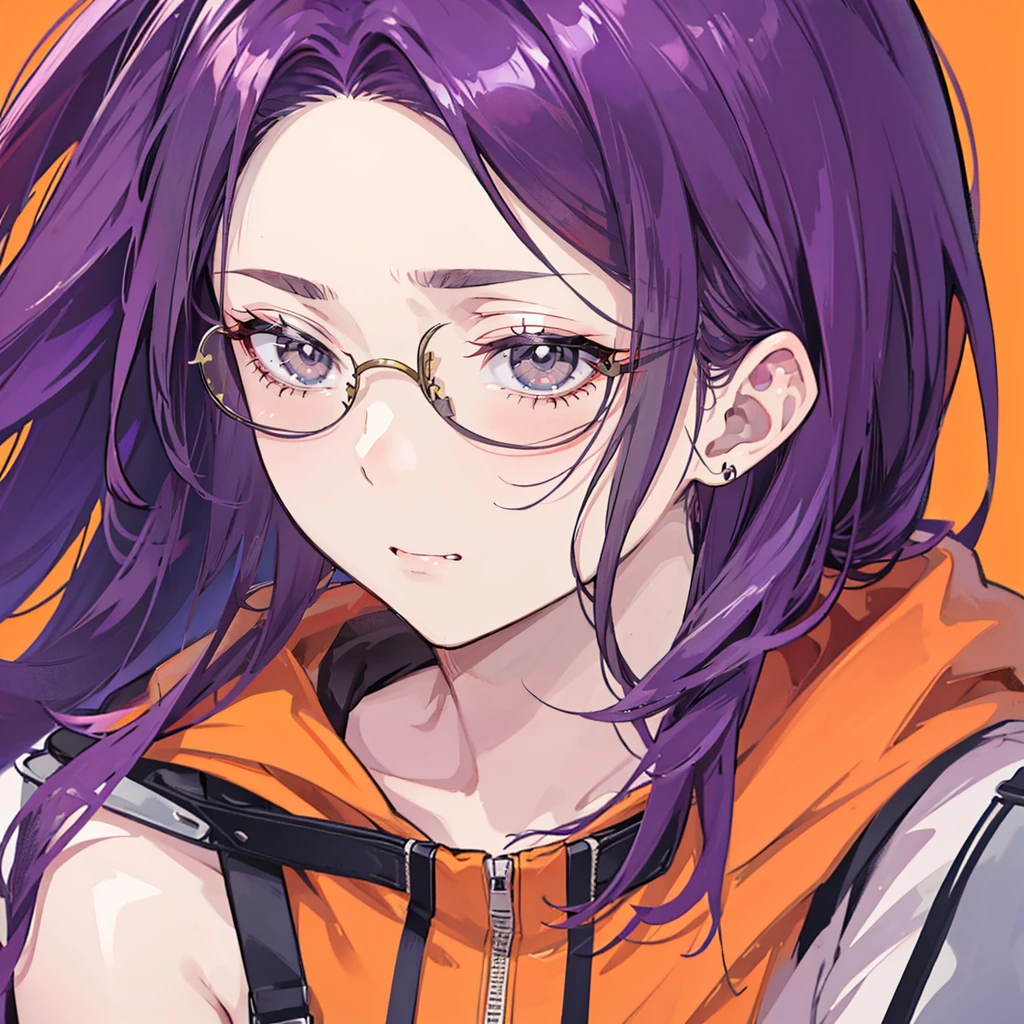 Thunder and lightning, Purple Hair, Purple Eyes, A girl wearing trendy orange sunglasses , Orange background, portrait