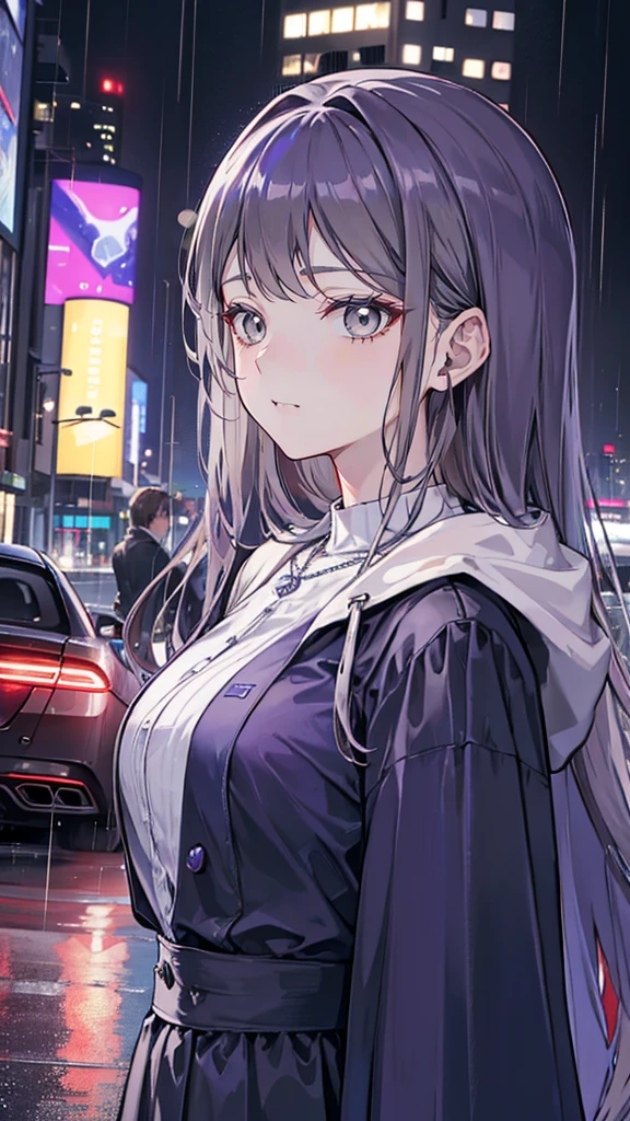 Quartz. Louis (Luxury wheels) (Azur Lane), Hair accessories, portrait, Silver dress, Revealing clothes, necklace, Blue nails, Cityscape, night, rain, Wet, (maQuartzerpiece:1.4),(beQuartz quality:1.4),realiQuartzic,Fashion Girl,cosmetic,Red lips,Looking at the audience, Solitary,earrings,8K,beQuartz quality, maQuartzerpiece, Purple Eyes,Beautiful light,A supercar in the background,