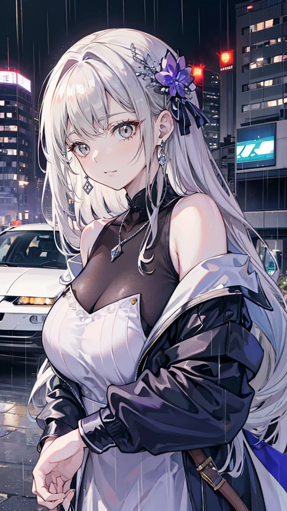 Quartz. Louis (Luxury wheels) (Azur Lane), Hair accessories, portrait, Silver dress, Revealing clothes, necklace, Blue nails, Cityscape, night, rain, Wet, (maQuartzerpiece:1.4),(beQuartz quality:1.4),realiQuartzic,Fashion Girl,cosmetic,Red lips,Looking at the audience, Solitary,earrings,8K,beQuartz quality, maQuartzerpiece, Purple Eyes,Beautiful light,A supercar in the background,