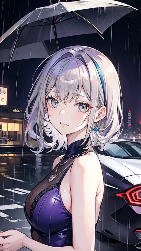 quartz. louis (luxury wheels) (azur lane), hair accessories, portrait, silver dress, revealing clothes, necklace, blue nails, ci...