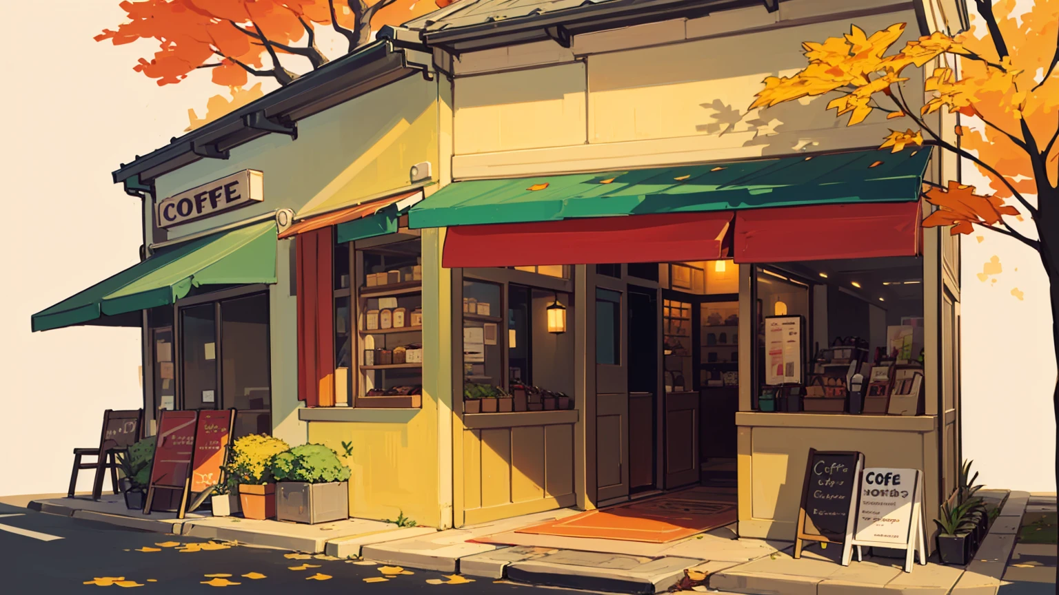 autumn leaves, coffee shop facade, red awning, sidewalk covered with leaves, large tree with orange foliage, outdoor cafe menu board, urban setting, warm lighting, shadows cast from tree, cozy and inviting atmosphere, bright blue sky caption this image: In a picturesque street adorned with vibrant orange leaves, a charming coffee shop with a red awning invites visitors in with its cozy ambiance and outdoor menu board, under the warm autumn sunlight.