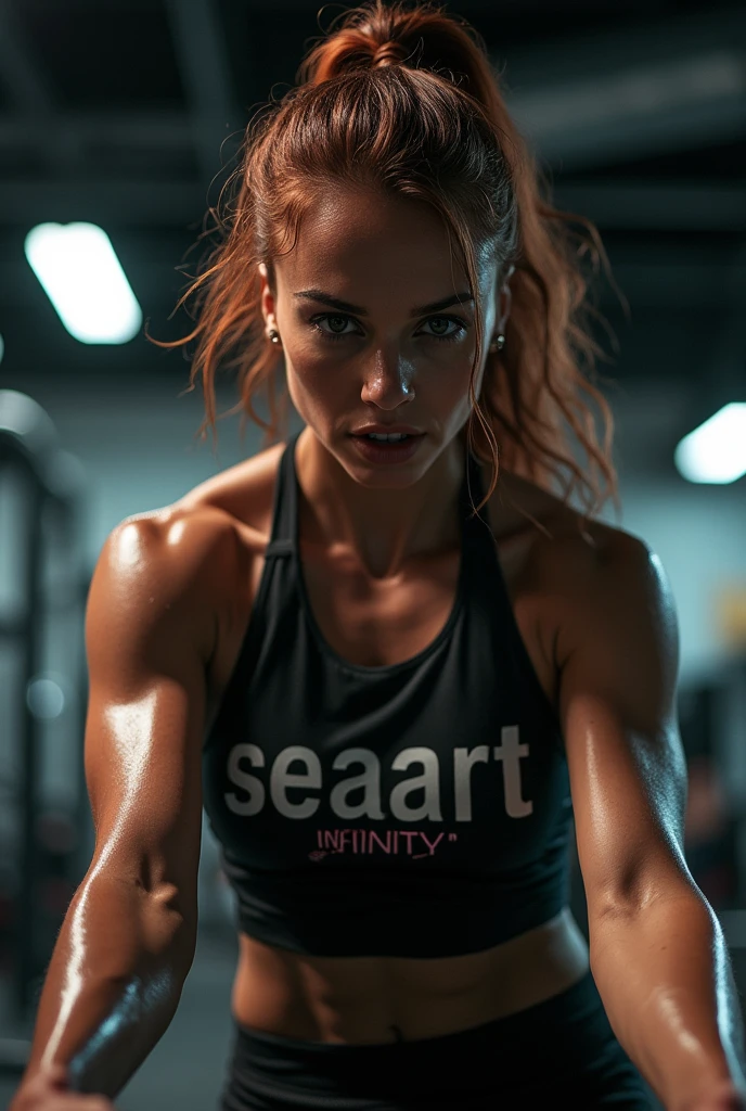 a toned fitness model, dark skin, auburn hair, working out, sweating, and on her shirt it says in writing "Seaart Infinity" cinematic lighting, 1.2, in a realistic gym, from the bottom 