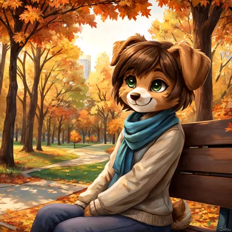 a medium close-up of an anthropomorphic, female dog with, brown-green eyes, short brown hair, casual clothes, short blue scarf, ...