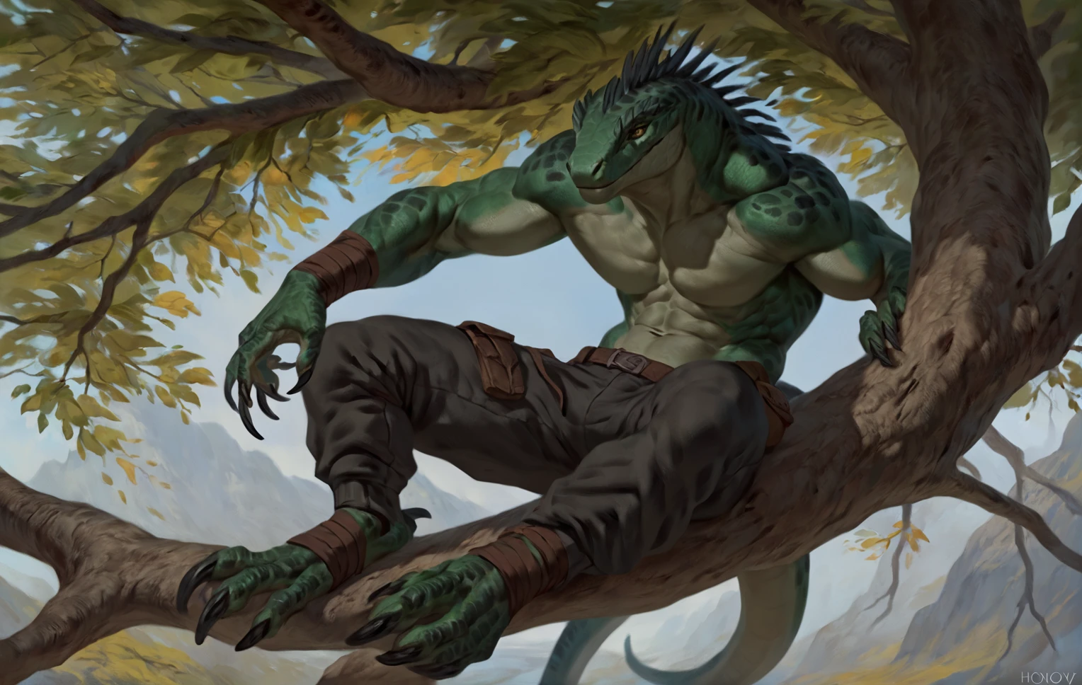 Muscular monster lizardfolk, solo, pants, mercenary, dark green body, black belly, full body, comicbook style, sitting on a tree, best quality, 4k, ultra-detailed, by laobai, by taran fiddler, by honovy