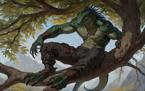 muscular monster lizardfolk, solo, pants, mercenary, dark green body, black belly, full body, comicbook style, sitting on a tree...